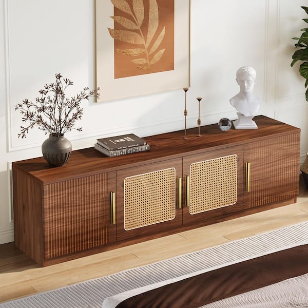 Ezlynn Walnut TV Stand Entertainment Center Fits TV's Up to 80 in. with 6-Tier Storage Shelf
