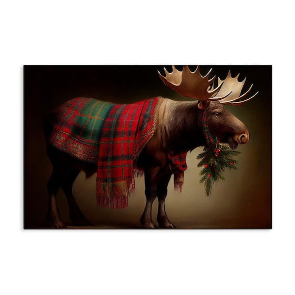 Festive Moose with Plaid by Sasha 1-Piece Unframed Graphic Animal Art Print 24 in. x 36 in.