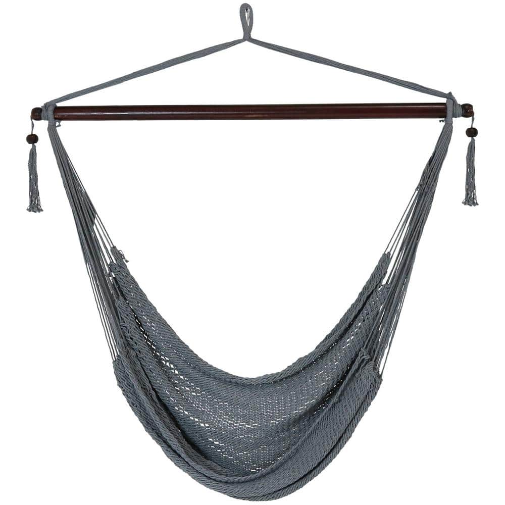 Gray woven hammock chair with a dark wood spreader bar.