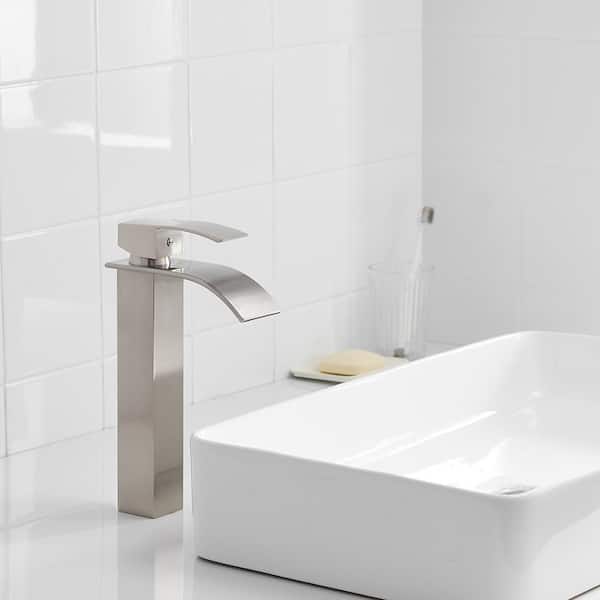 Waterfall Single Hole Single Handle Bathroom Vessel Sink Faucet With Pop-Up Drain Assembly in Brushed Nickel