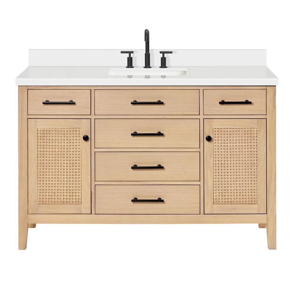Camila 55" Light Brown Oak Freestanding Bathroom Vanity with White Quartz Top
