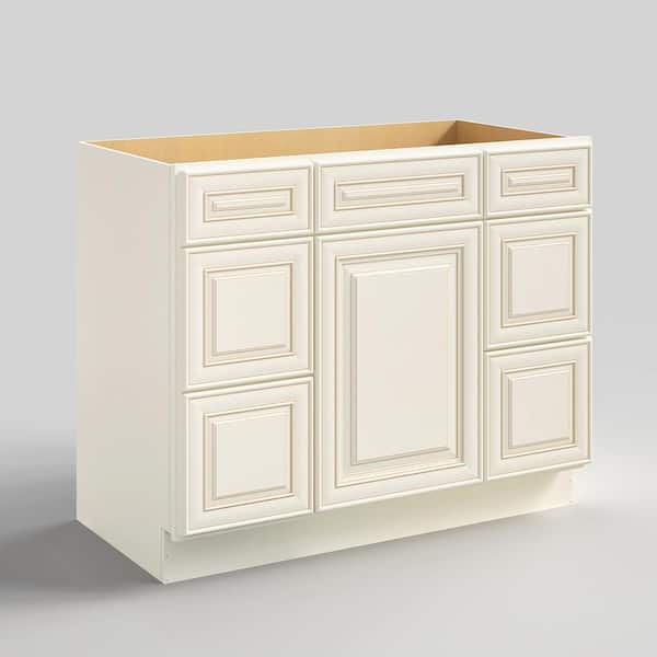 Hausvita 42 in. W x 21 in. D x 34.5 in. H in Cameo White Plywood Ready to Assemble Floor Vanity Sink Base Kitchen Cabinet