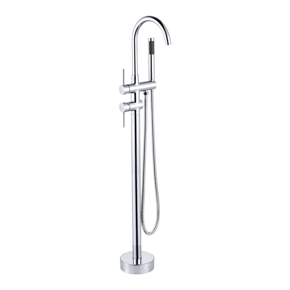 Chrome Double Handle Freestanding Tub Faucet with Handheld Shower