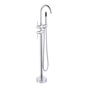 Double Handle Floor Mounted Freestanding Tub Faucet with Handheld Shower in Chrome