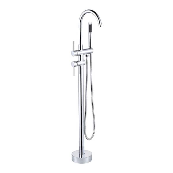 ARCORA Double Handle Floor Mounted Freestanding Tub Faucet with Handheld Shower in Chrome