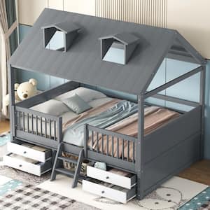 Gray Wood Frame Full Size House Platform Bed with Windows and Roof Design, 4-Drawers, Mini Ladder