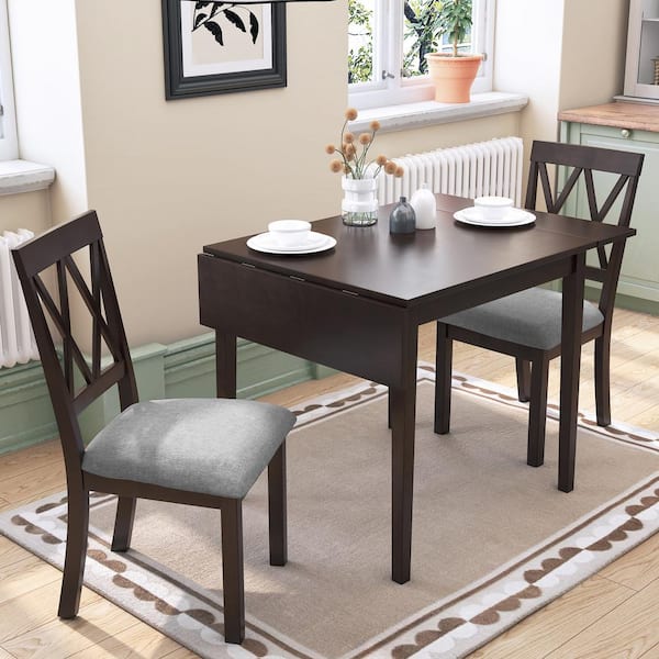 Harper & Bright Designs Space-Saving Drop Leaf Design Espresso 3-Piece MDF Kitchen Dining Set with 2 Upholstered Chairs
