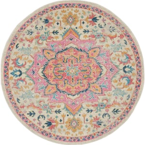 Passion Ivory/Pink 5 ft. x 5 ft. Persian Modern Transitional Round Area Rug
