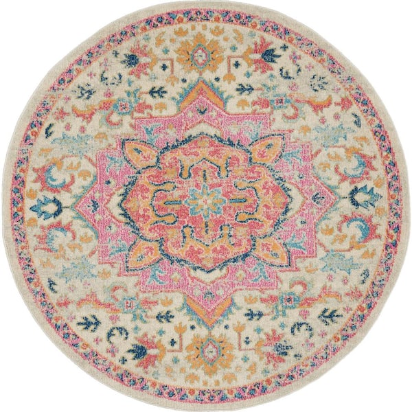 Nourison Passion Ivory/Pink 5 ft. x 5 ft. Persian Modern Transitional Round Area Rug