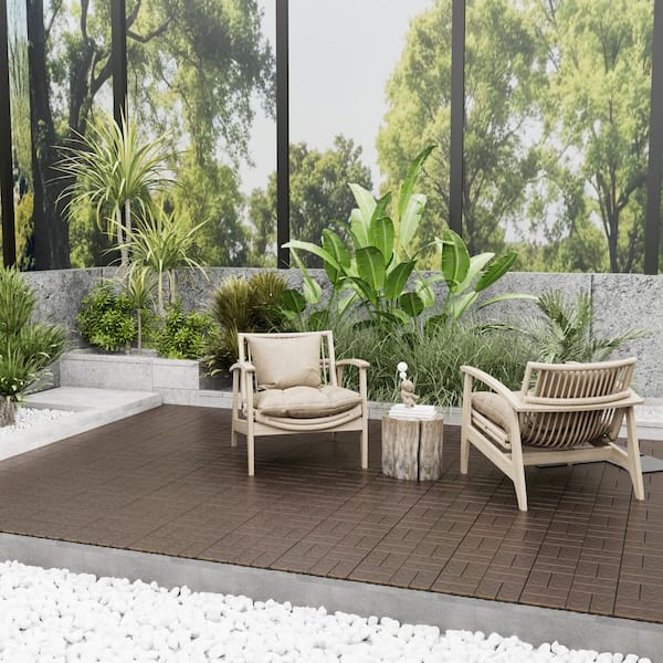 1 ft. x 1 ft. x 0.8 in. Waterproof Knurling Slat Composite Deck Tile for Patio Garden Poolside in Coffee (10 sq. ft.)