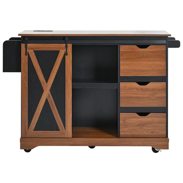 Black Brown Particle Board Wood 55.5 in. Kitchen Island with Barn Door, Power Outlet for Home, Kitchen, Dining Room