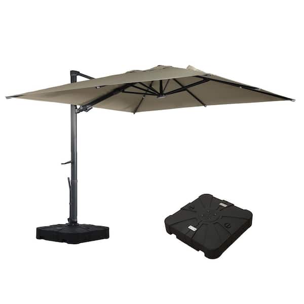 Mondawe 10 ft. Square Aluminum Cantilever Outdoor Tilt Patio Umbrella in Taupe with LED Light Base Weight Stand