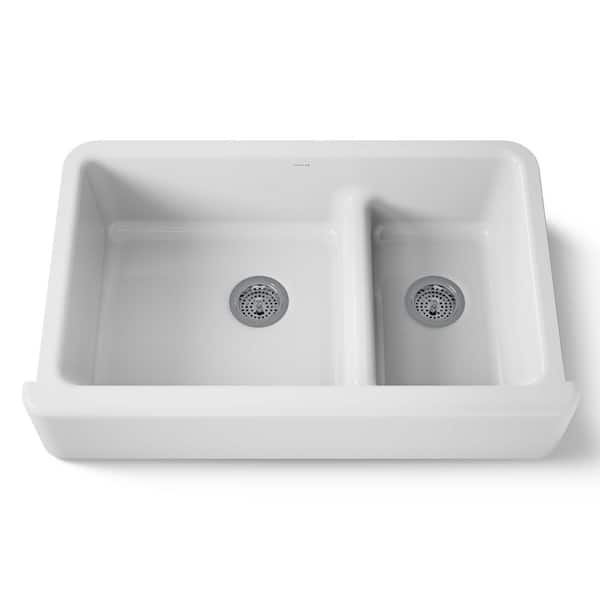 Whitehaven Smart Divide Self-Trimming Farmhouse Apron Front Cast Iron 36 in. Double Bowl Kitchen Sink in White