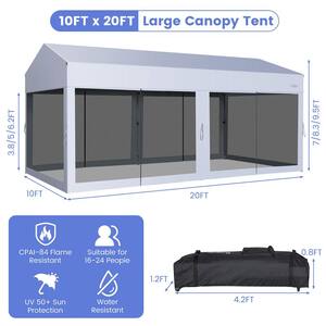 10 ft. x 20 ft. White and Black Pop-Up Canopy Party Tent Sidewalls Portable Garage Car Shelter Wheeled