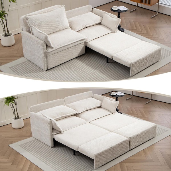 73.6 in. White Corduroy Fabric Queen Size Pull-Out Sofa Bed with Side Storage, USB/C-TYPE Charging Ports