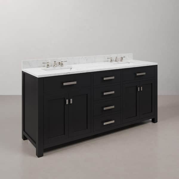 Madison 72 in. W x 21.5 in. D x 34 in. H Double Sink Bath Vanity in Espresso with Carrara White Marble Top and Faucets