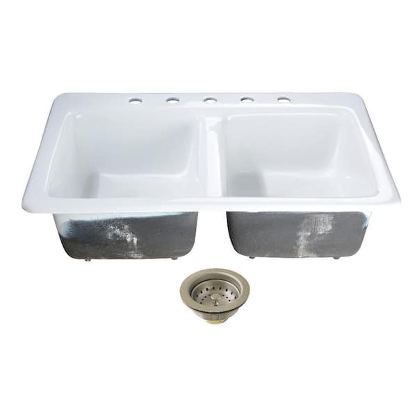 Petra Galley 33 in. Drop-In 50/50 Double Bowl Cast Iron Kitchen Sink with Basket Strainer