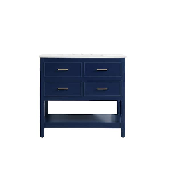 Unbranded Simply Living 36 in. Single Bathroom Vanity in Blue with Quartz Vanity Top in Calacatta White