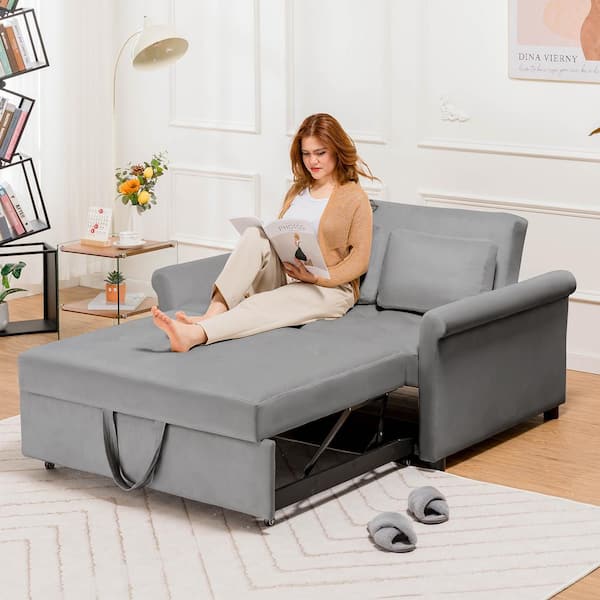 ComHoma 55 in.Gray Full Sleeper Sofa Bed 3 in 1 Velvet Pull Out Couch w Adjustable Backrest Pillows Convertible Sleeper Couch HD H1148 BLACK KD
