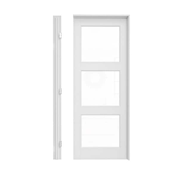 28 in. x 80 in. 3-Lite Clear Glass Left Hand White Solid Core Glass Single Prehung Interior Door+ Quick Assemble Jamb