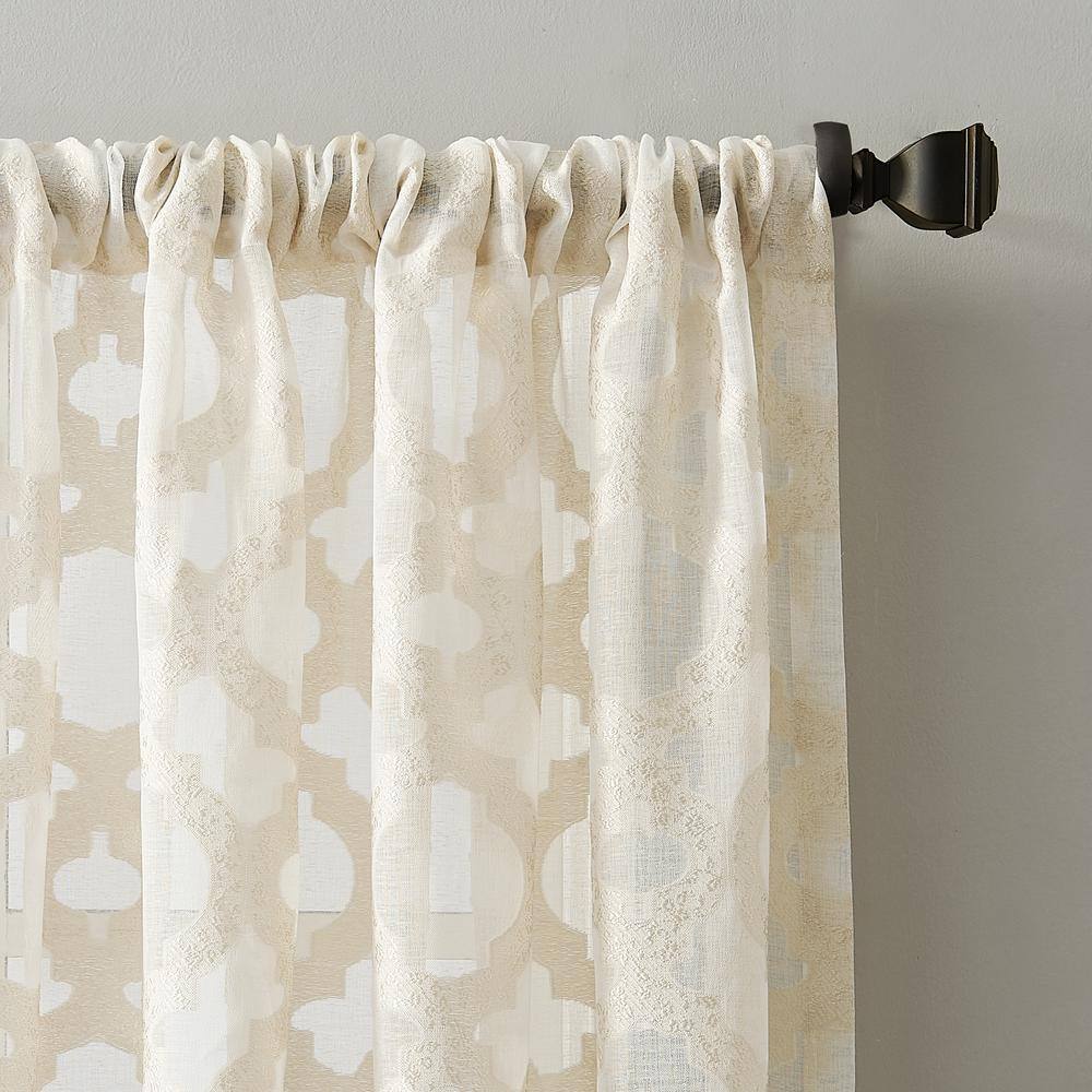 Cream Off-White Sheer Lace Detail Rod Pocket Drapes