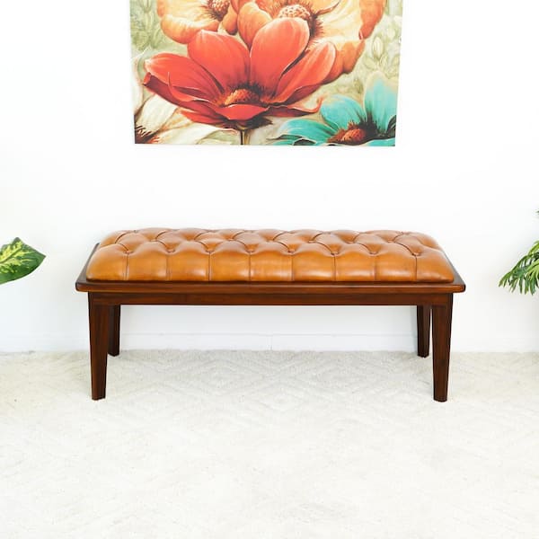 Ashcroft Furniture Co Autumn Tan Brown Leather Teak Wood 49 in. Entryway Bedroom Bench