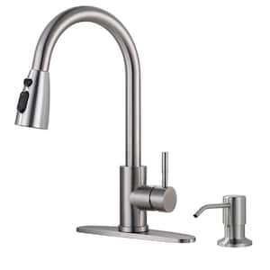 Single-Handle Pull Out Sprayer Kitchen Faucet Included Deckplate and Soap Dispenser in Brushed Nickel