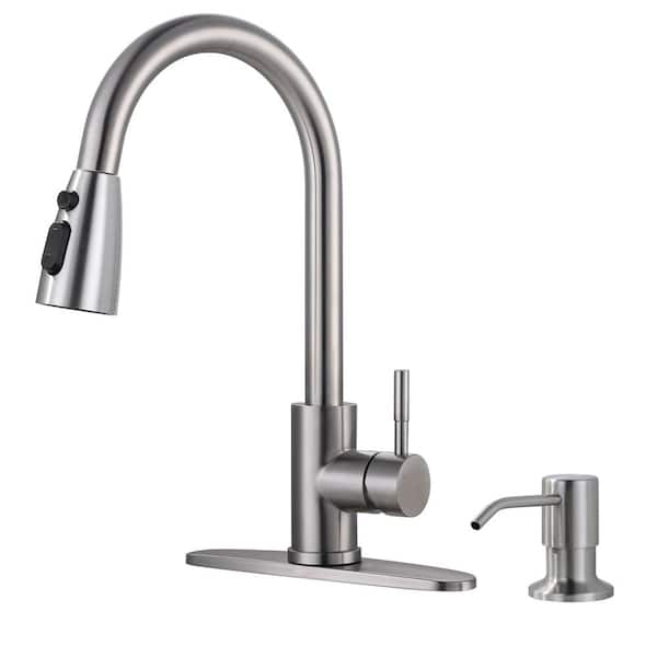 Stainless Steel Single Handle Pull Down Sprayer Kitchen Faucet with 3-Mode Spray, Soap Dispenser in Brushed Nickel