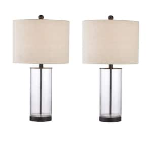 Concord 23.25 in. H Baked Black and Clear Glass Modern Cylindrical Table Lamp with Oatmeal Drum Shade (2-Pack)
