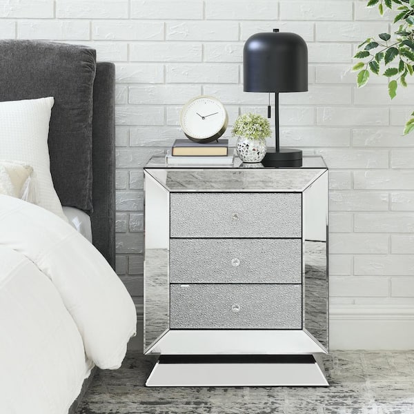Unbranded Silver MDF Outdoor Side Table with 3 Drawers Glass Doors Mirrored Small Side Cabinet for Living Room Bedroom AS 584