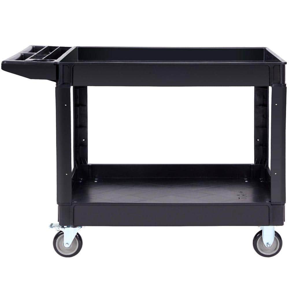 Utility Service Cart 2-Tier 550 lbs. Heavy Duty Plastic Rolling Cart, Swivel Wheels, Brakes, Polypropylene, Utility Cart