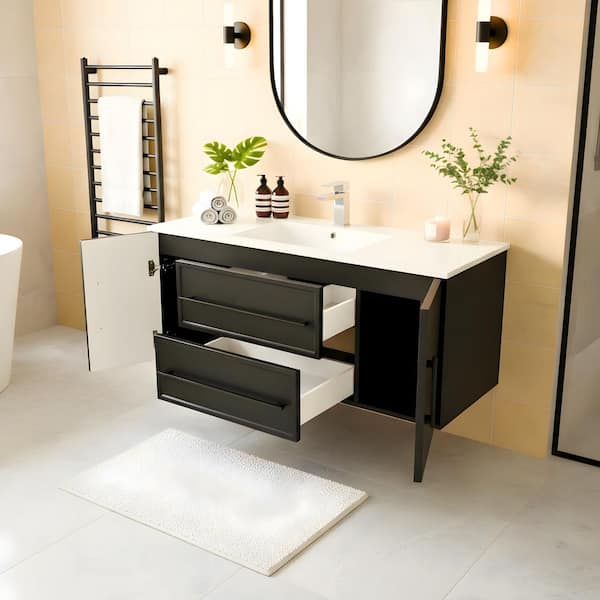 Milano 48 in. W x 18 in. D x 20 in. H Single Sink Wall Bathroom Vanity in Black with Cultured Marble Top in White