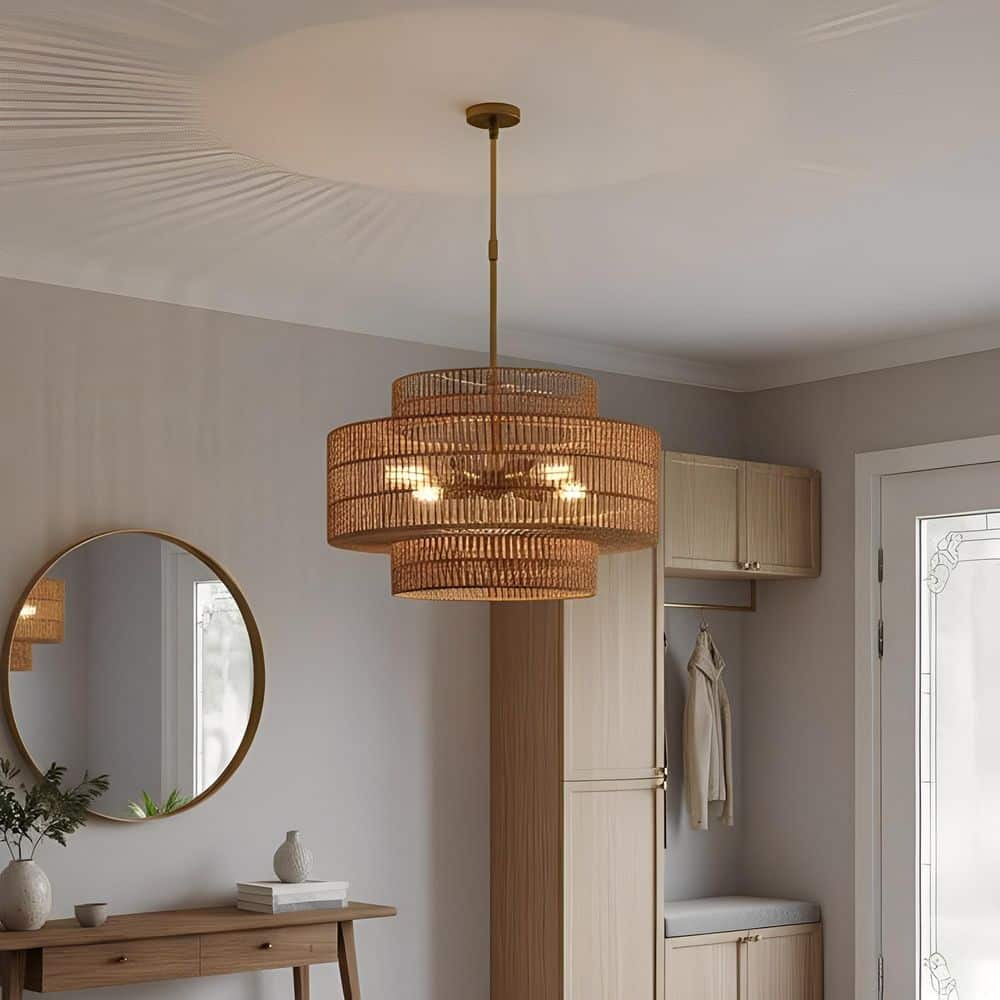 4-Light Brown Bohemian Rattan Drum Chandelier, Dimmable Ceiling Light for Living Room, Kitchen, Entryway, Hallway, Foyer price history on PriceWatchPro