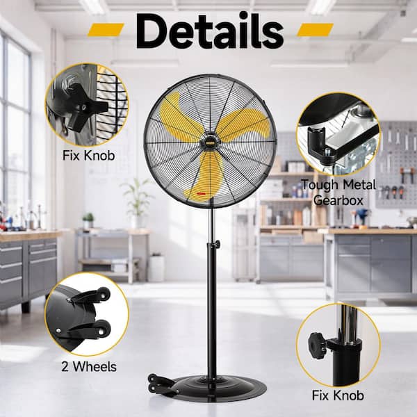 30 in. High Velocity 3-speed Industrial Pedestal Fan in Yellow, 80° Oscillating, Powerful Motor, 8300 CFM, UL Certified