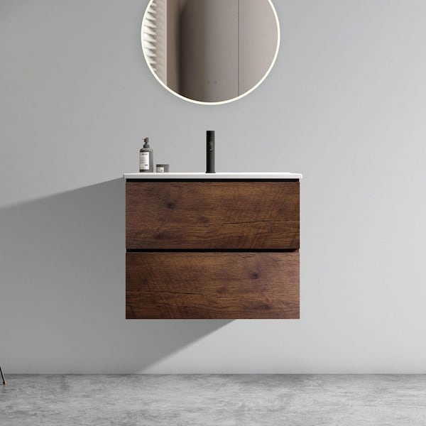24 in. Floating Single Sink Walnut Bath Vanity with White Ceramic Top