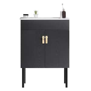 24 in. W Single Skinks Metal Leg Freestranding Bath Vanity in Black with White Ceramic Top