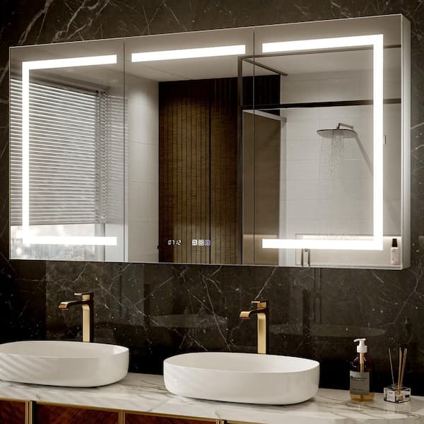 60 in. W x 32 in. H Rectangular Aluminum LED Light Surface/Recessed Medicine Cabinet with Mirror, Time Display
