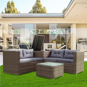 Patio 4-Piece Wicker Outdoor Sectional Sofa with Gray Cushions and Coffee Table Rattan Conversation Set w/Storage Box