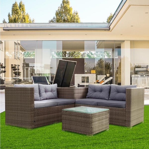 Unbranded Patio 4-Piece Wicker Outdoor Sectional Sofa with Gray Cushions and Coffee Table Rattan Conversation Set w/Storage Box