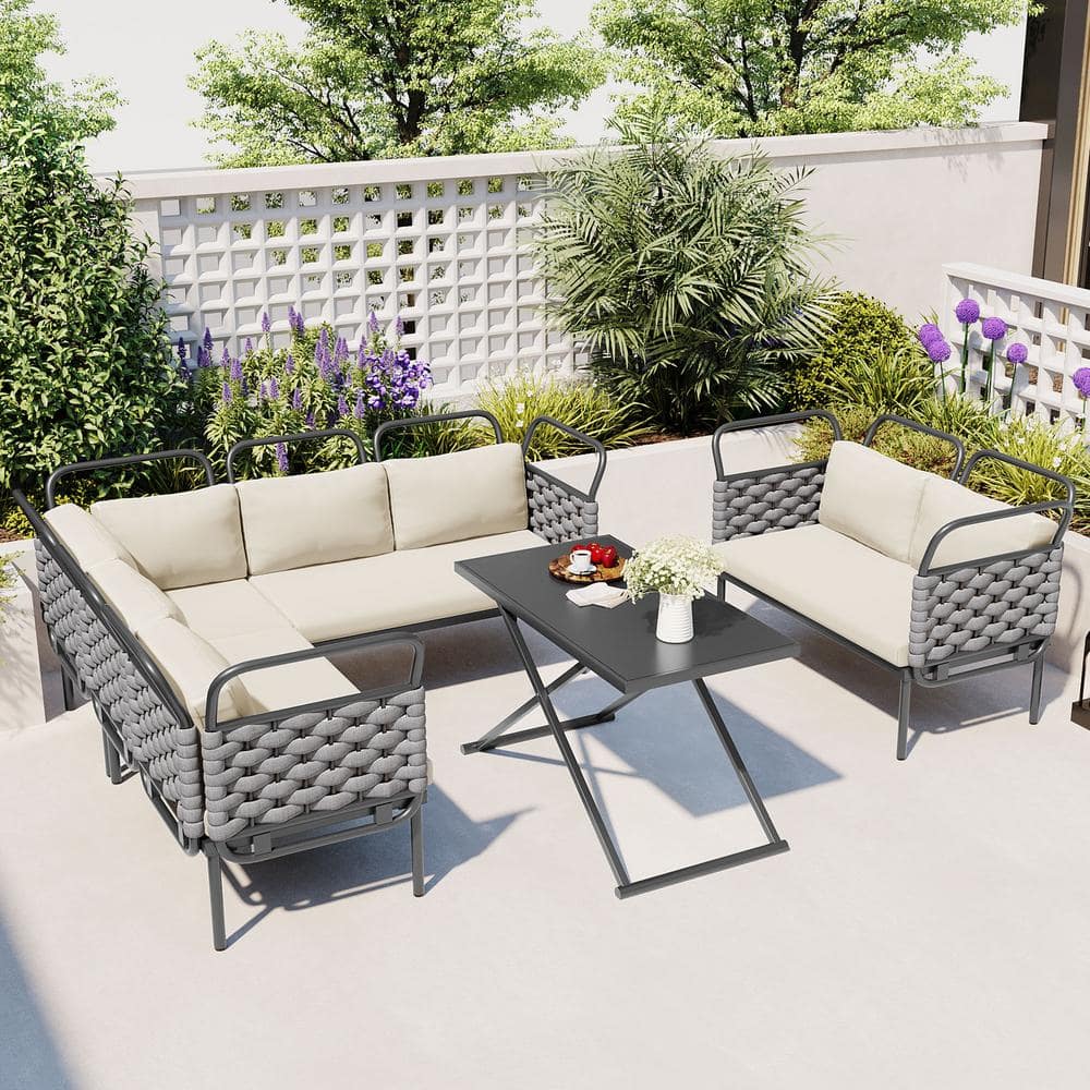 Grey 5-Piece Wicker Outdoor Sectional Set with Glass Table Beige Cushions -  Cesicia, TSS20