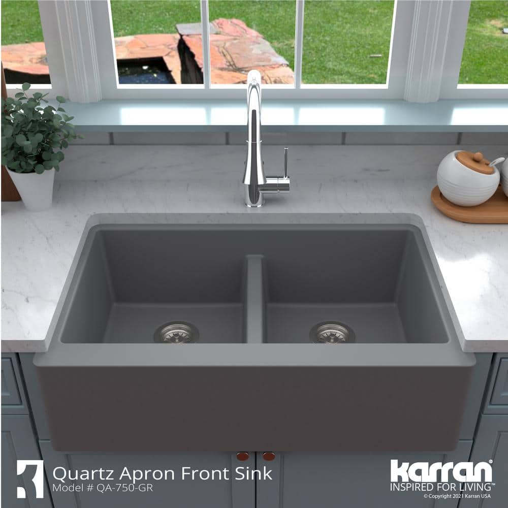 Gray Quartz Farmhouse Double Bowl Kitchen Sink, 34"
