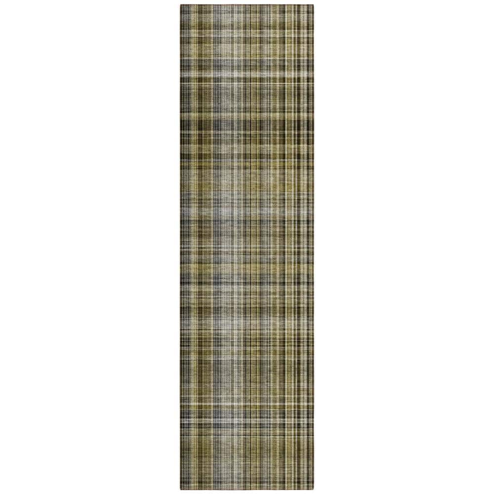 Taupe Plaid Machine Washable Indoor/Outdoor Runner Rug