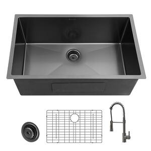 Gunmetal Black Stainless Steel 31 in. 18-Gauge Single Bowl Undermount Kitchen Sink with Black Spring Neck Faucet