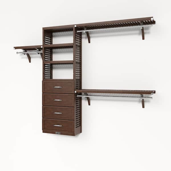72 in. W - 120 in. W Chestnut Reach in with 4 Shaker Style Drawers 12 in. Shelf Wood Closet System