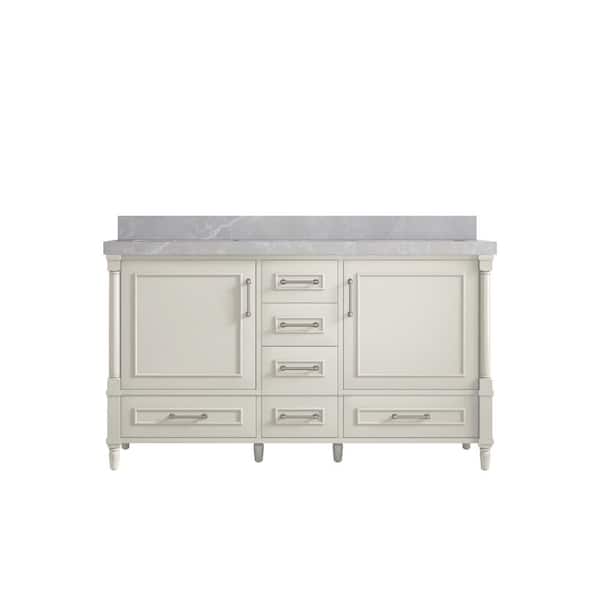 Willow Collections Hudson 60 in. Double Sink Freestanding Alabaster Bath Vanity with Pearl Gray Quatrz Top Unassembled