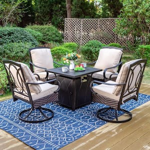 5-Piece Metal Patio Fire Pit Set, Swivel Rockers Metal and Wicker Outdoor Dining Chair with Beige Cushions