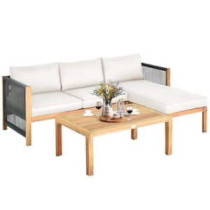 3-Piece Patio Acacia Wood Sofa Furniture Set Thick Cushion with Nylon Rope Armrest