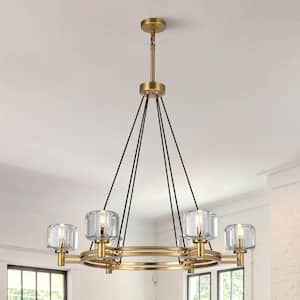 36 in. 6-Light Gold Farmhouse Wagon Wheel Chandelier with Crystal Lampshade for Dining Room, Living Room, Kitchen Island