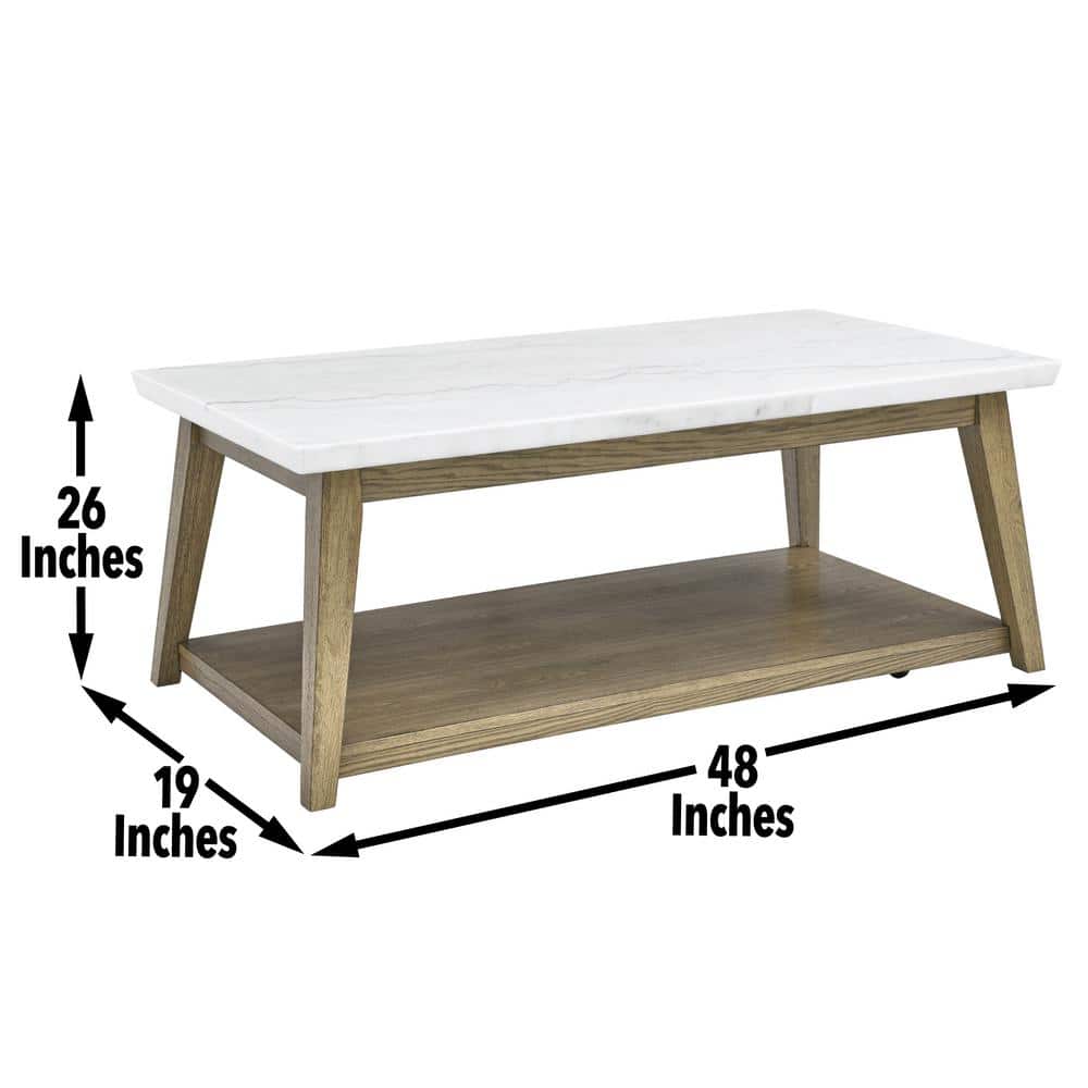 Blonde Wood and White Marble Rectangular Coffee Table with Casters