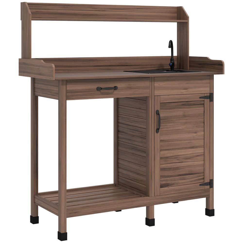 44.5 in. W x 50.2 in. H Dark Brown Potting Bench Table with Sink, Outdoor W